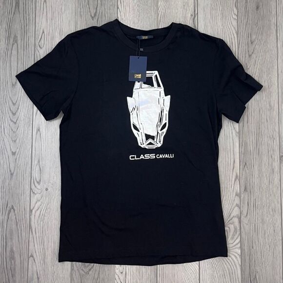 Cavalli Class Black Men Size XL Graphic Cotton Crewneck Short Sleeve Tee Shirt - Picture 1 of 7